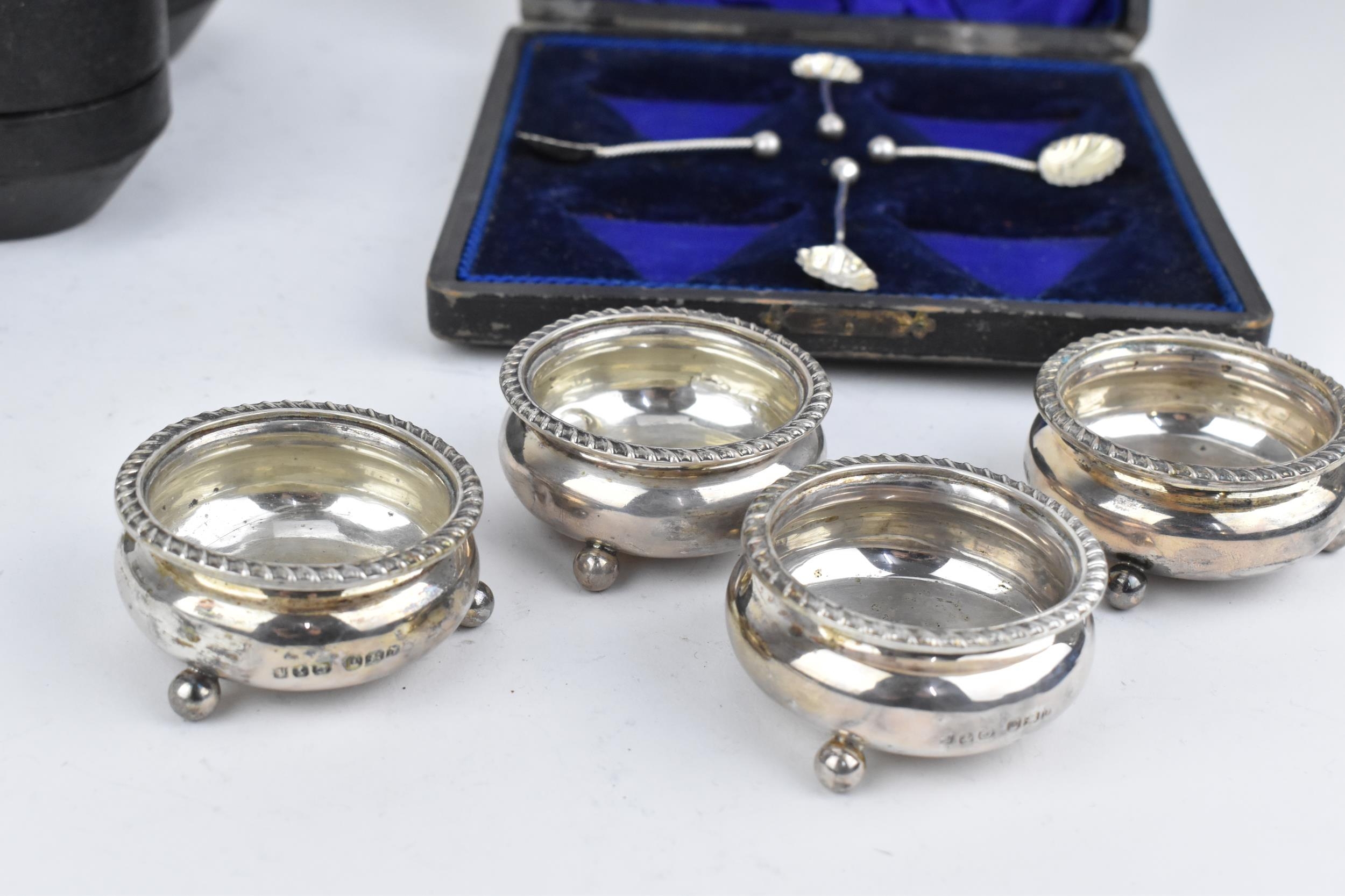 A cased set of Victorian silver salts, Sheffield 1896, with gadrooned rim, on ball feet, with four - Image 6 of 8
