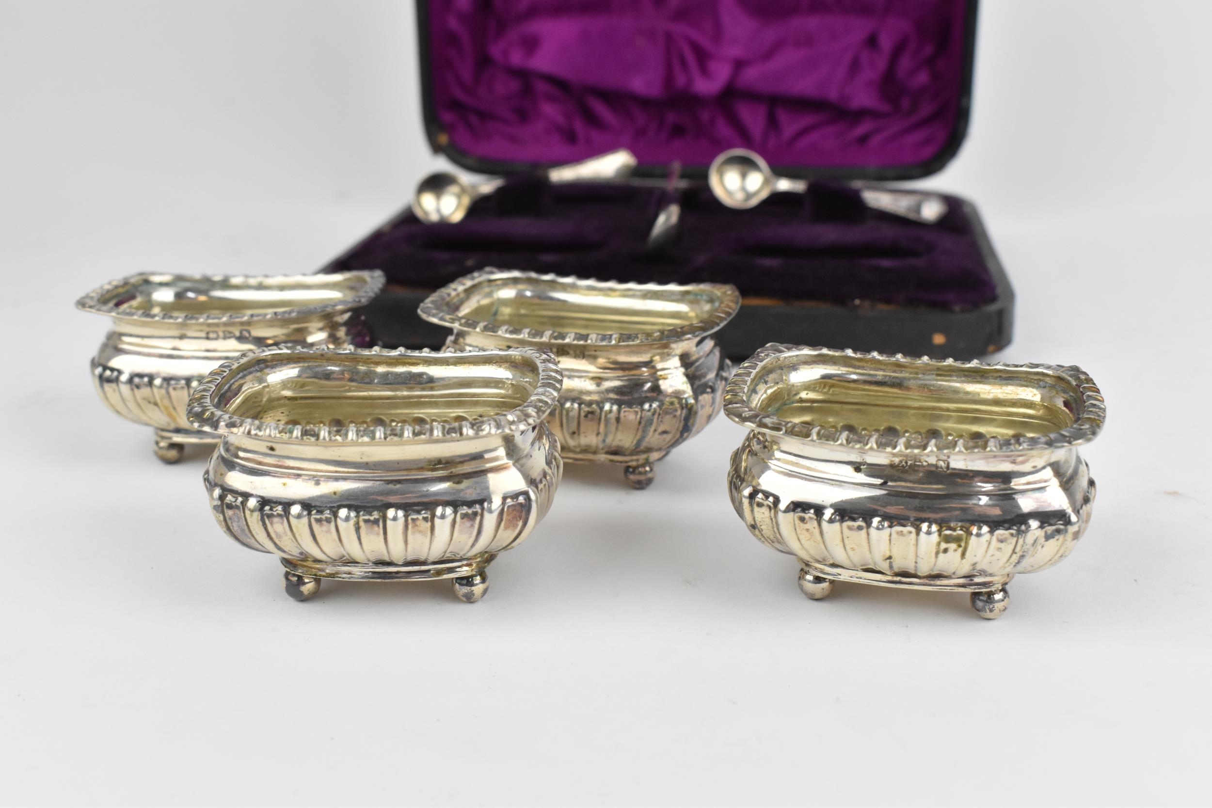 A cased set of Victorian silver salts by James Deakin & Sons, Chester 1896, of rectangular form with - Image 3 of 6