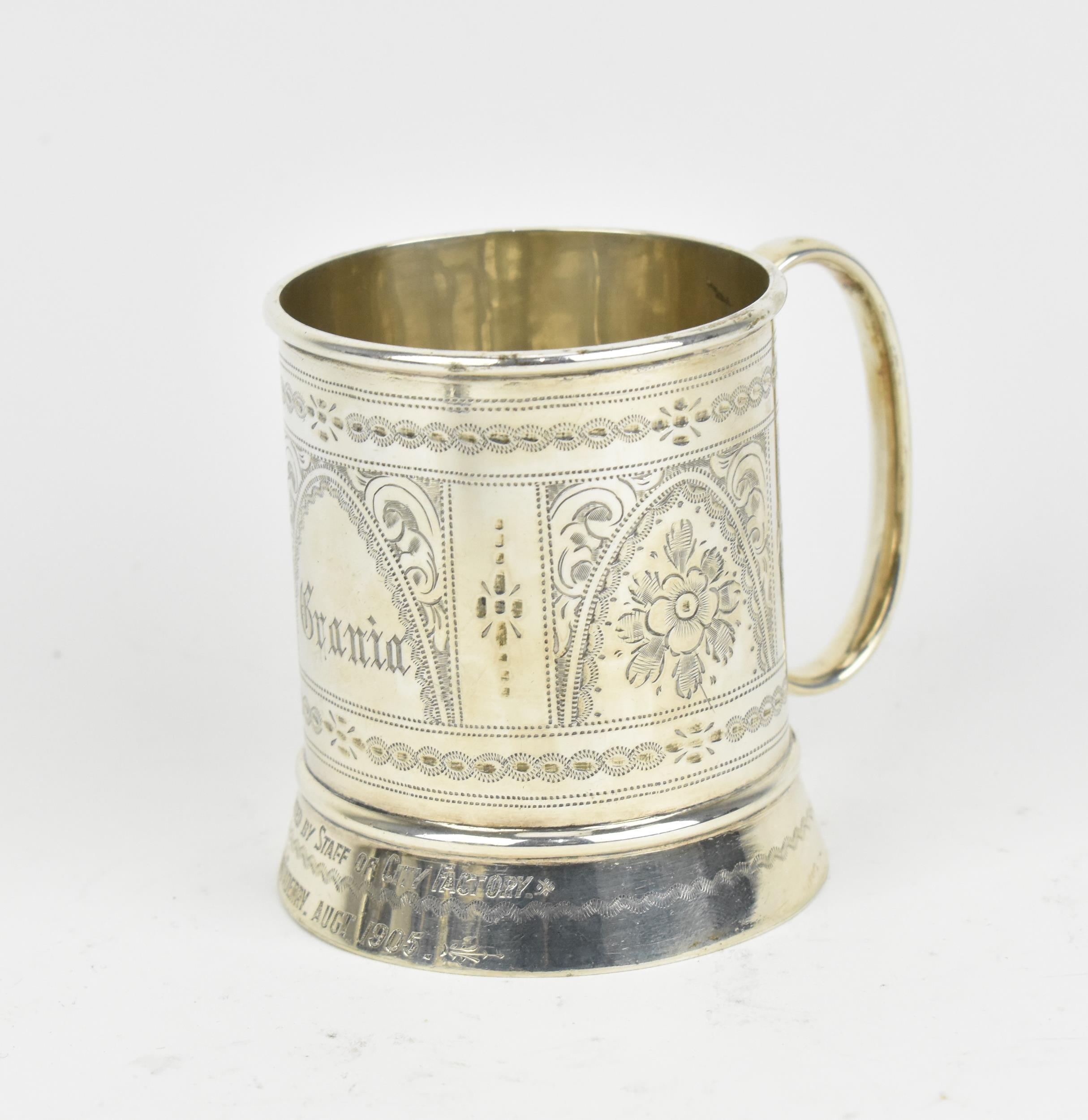 An Edwardian silver christening mug by Cooper Brothers & Sons Ltd, Sheffield 1902, of cylindrical