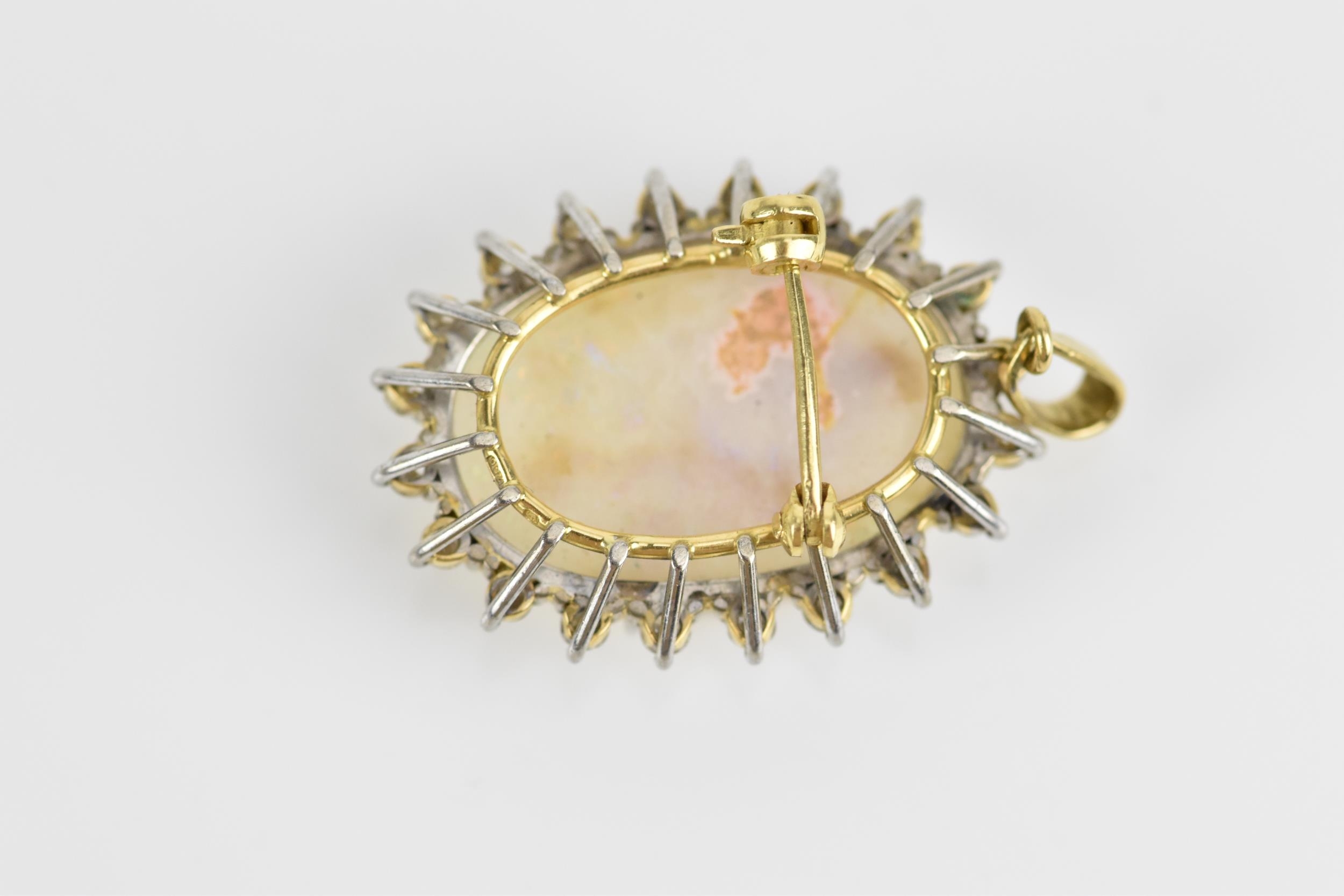 An 18ct yellow gold, white metal, diamond and white opal pendant/brooch, of oval design with central - Image 5 of 6