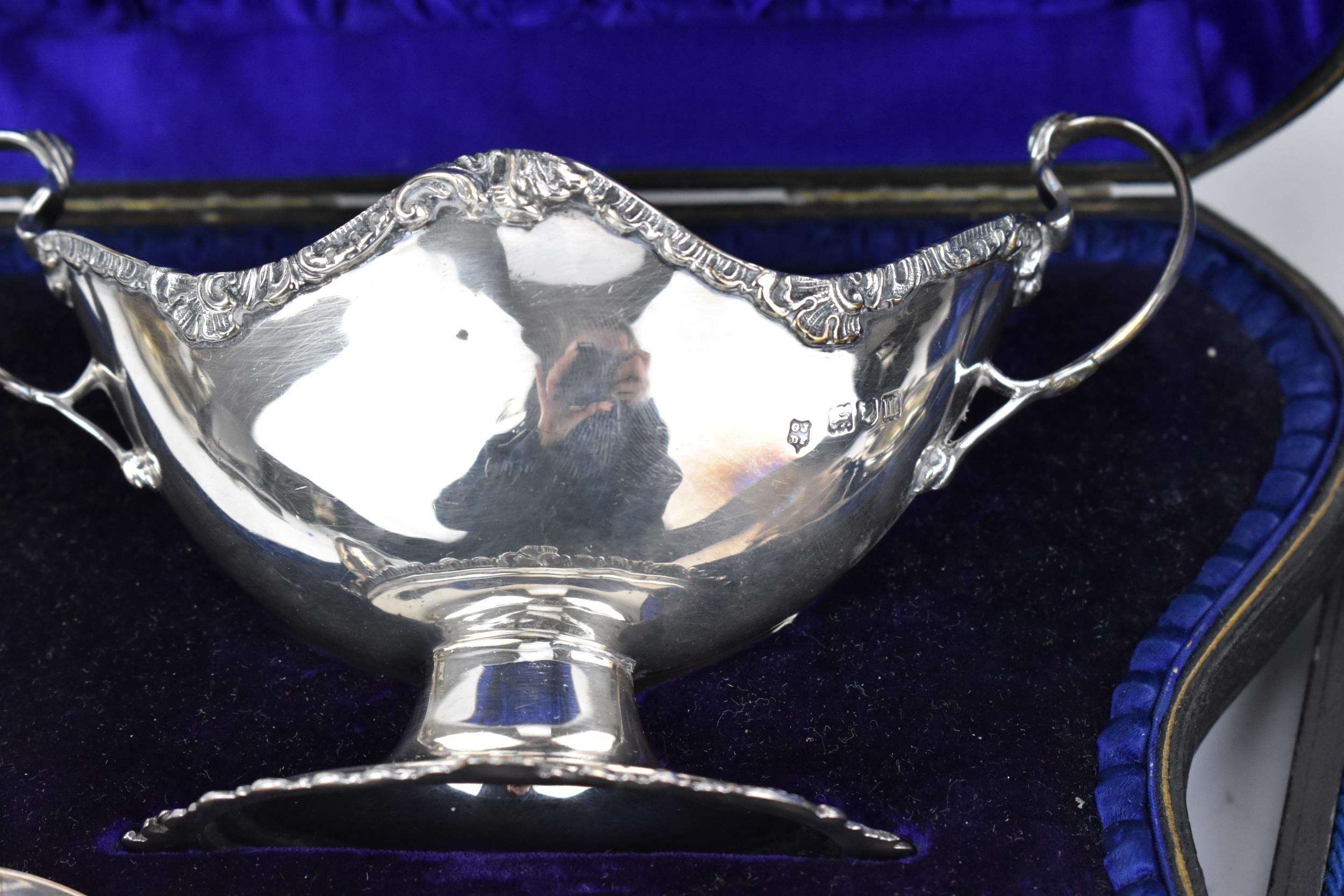 A cased set of Victorian silver salts, Sheffield 1896, with gadrooned rim, on ball feet, with four - Image 3 of 8