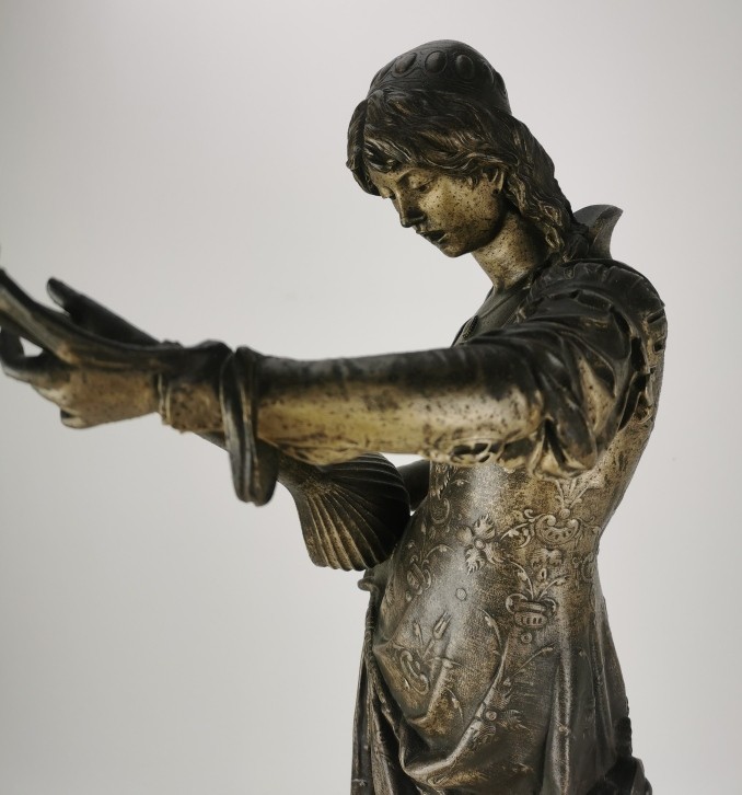 A late 19th century spelter Orientalist sculpture, titled 'Bianca', modelled as a female mandolin - Image 6 of 6
