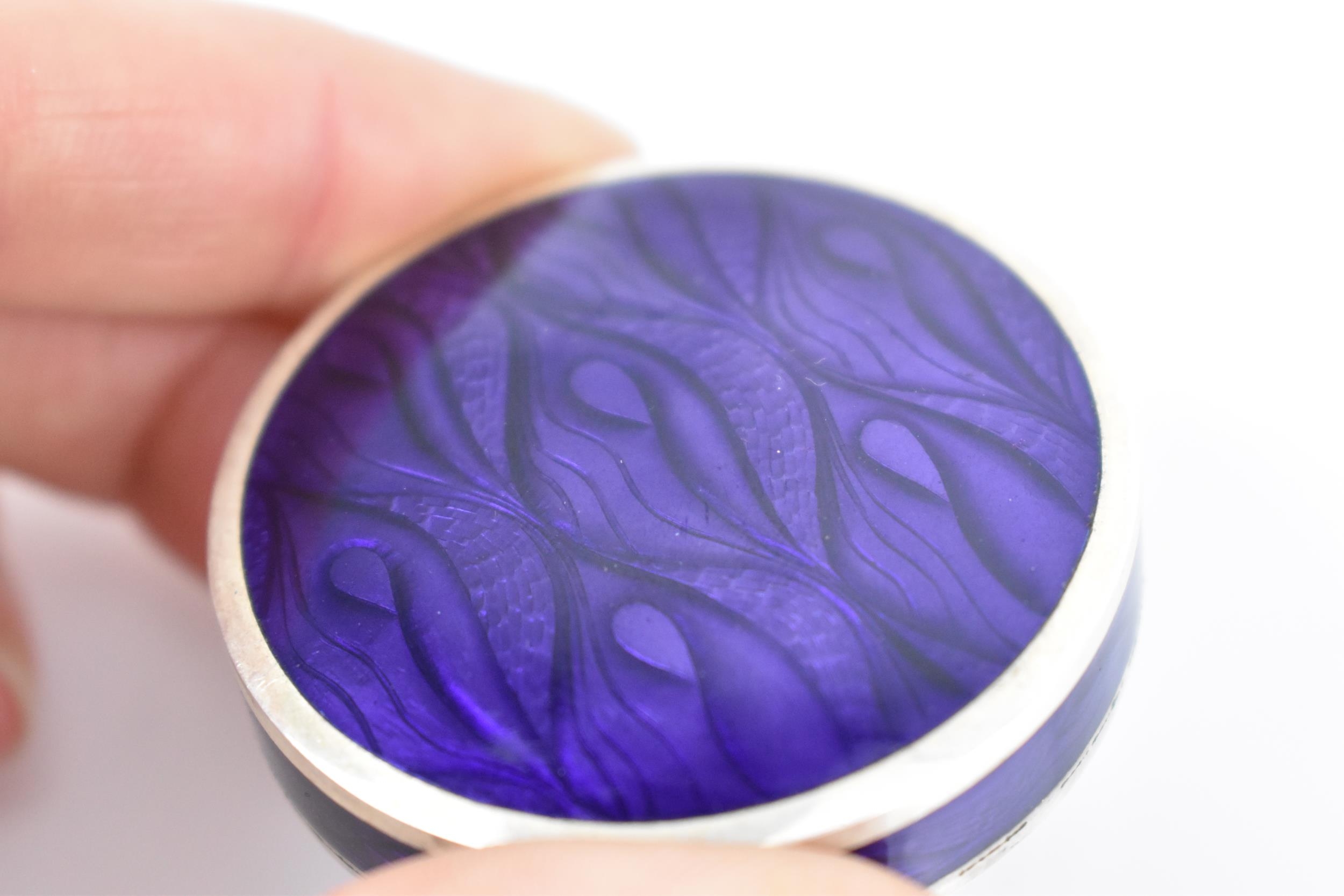 A modern British silver and enamel pill box, of circular form with purple wave pattern to the - Image 6 of 8