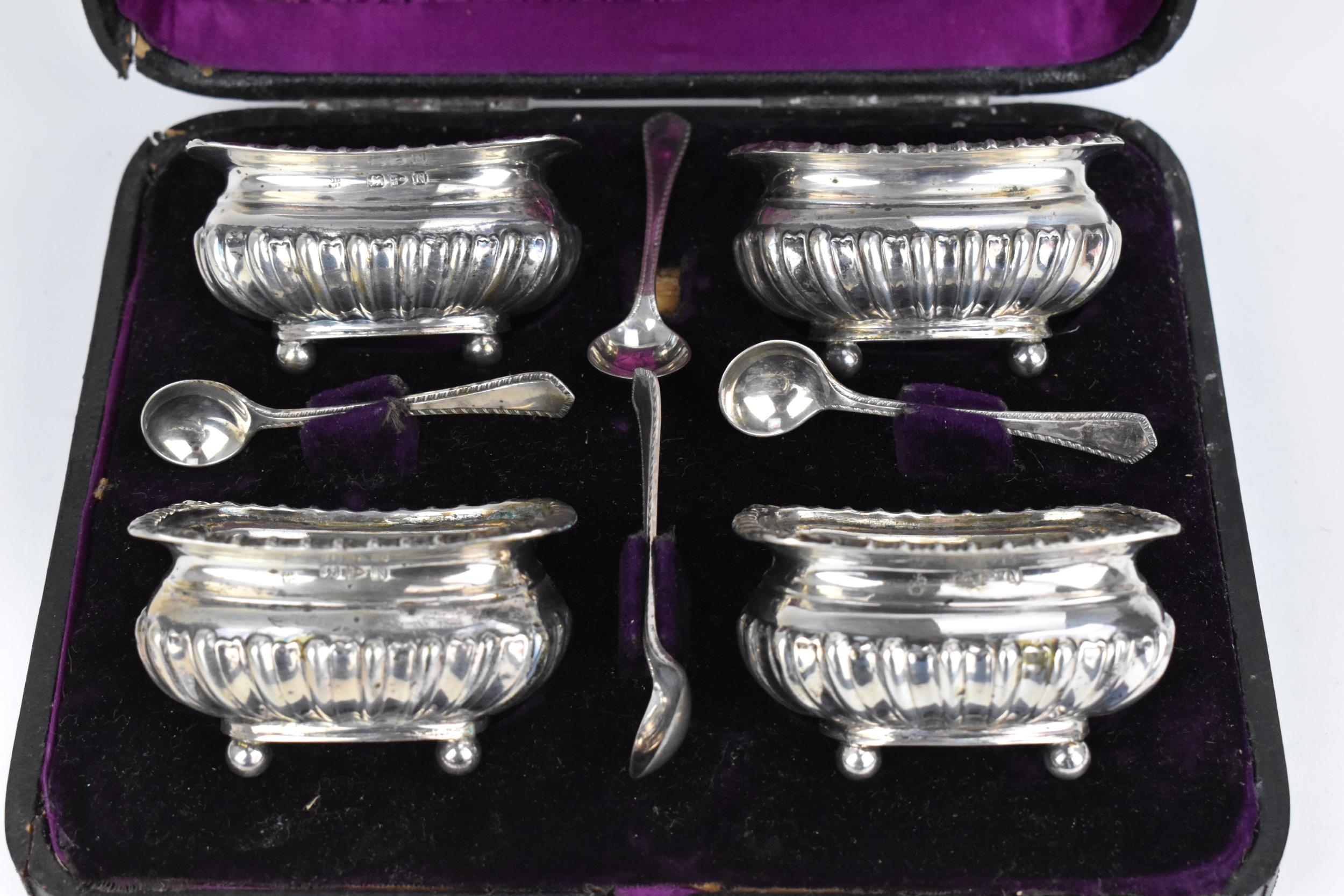 A cased set of Victorian silver salts by James Deakin & Sons, Chester 1896, of rectangular form with - Image 2 of 6