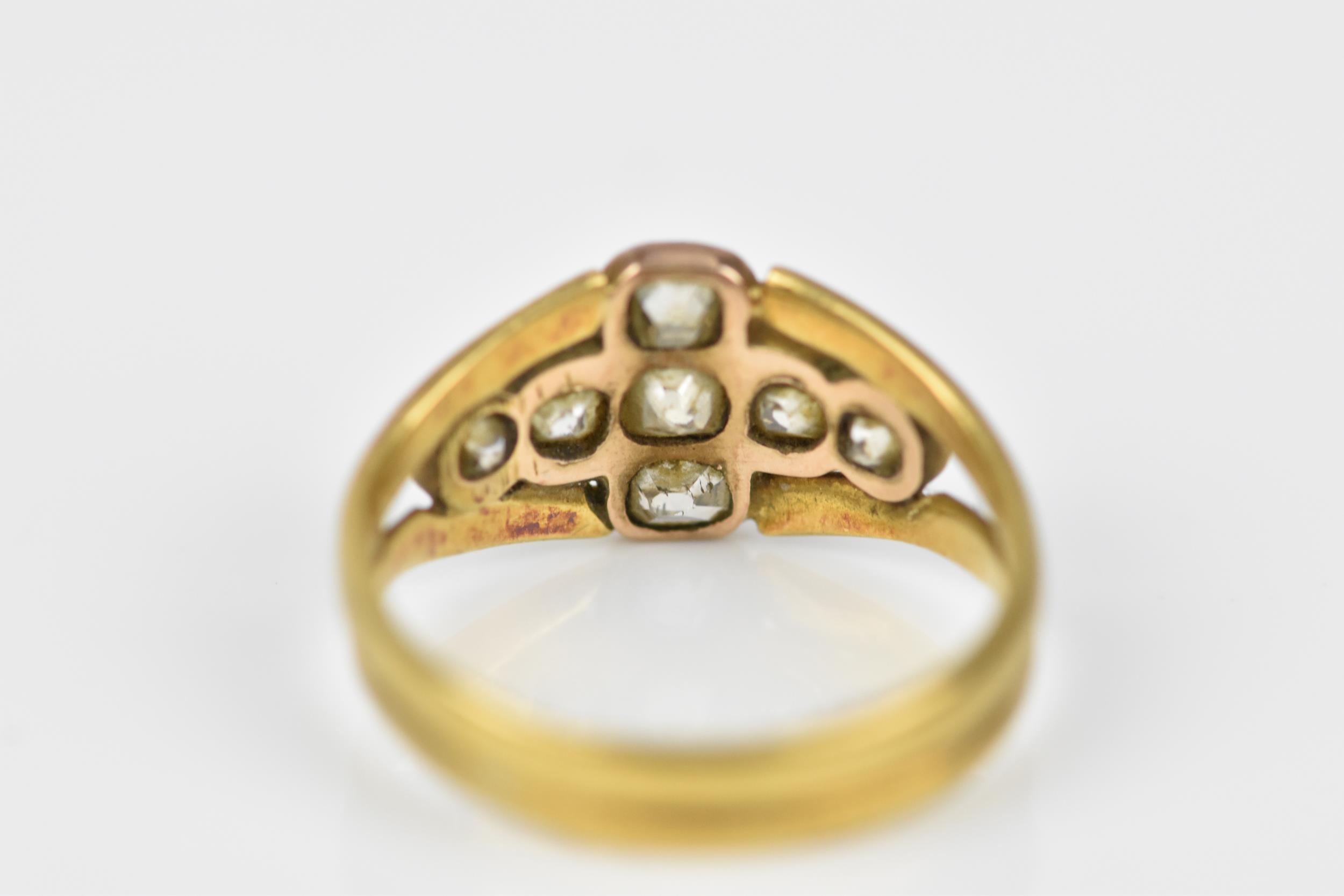 A Victorian yellow gold and diamond dress ring, set with seven rose cut diamonds forming a cross, - Image 3 of 6