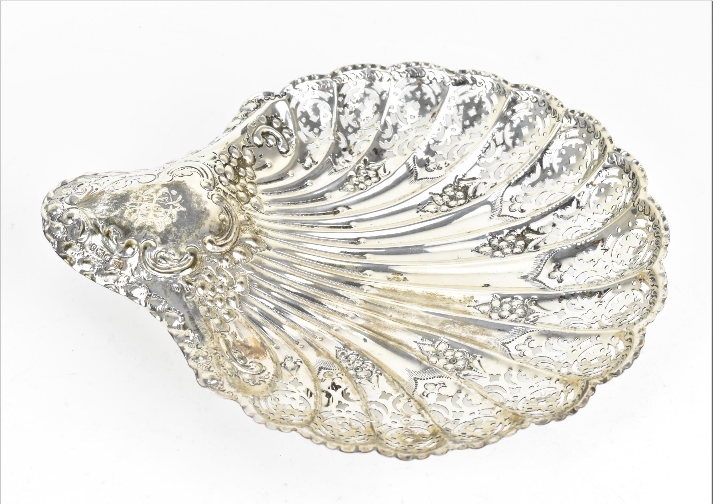 A late Victorian silver pierced bonbon dish by Atkin Brothers, Sheffield 1896, of shell form with