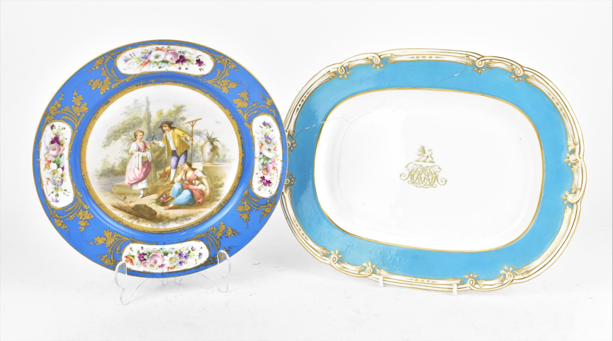 A late 19th century Sevres porcelain plate, with bleu celeste border, circa 1870s, the centre