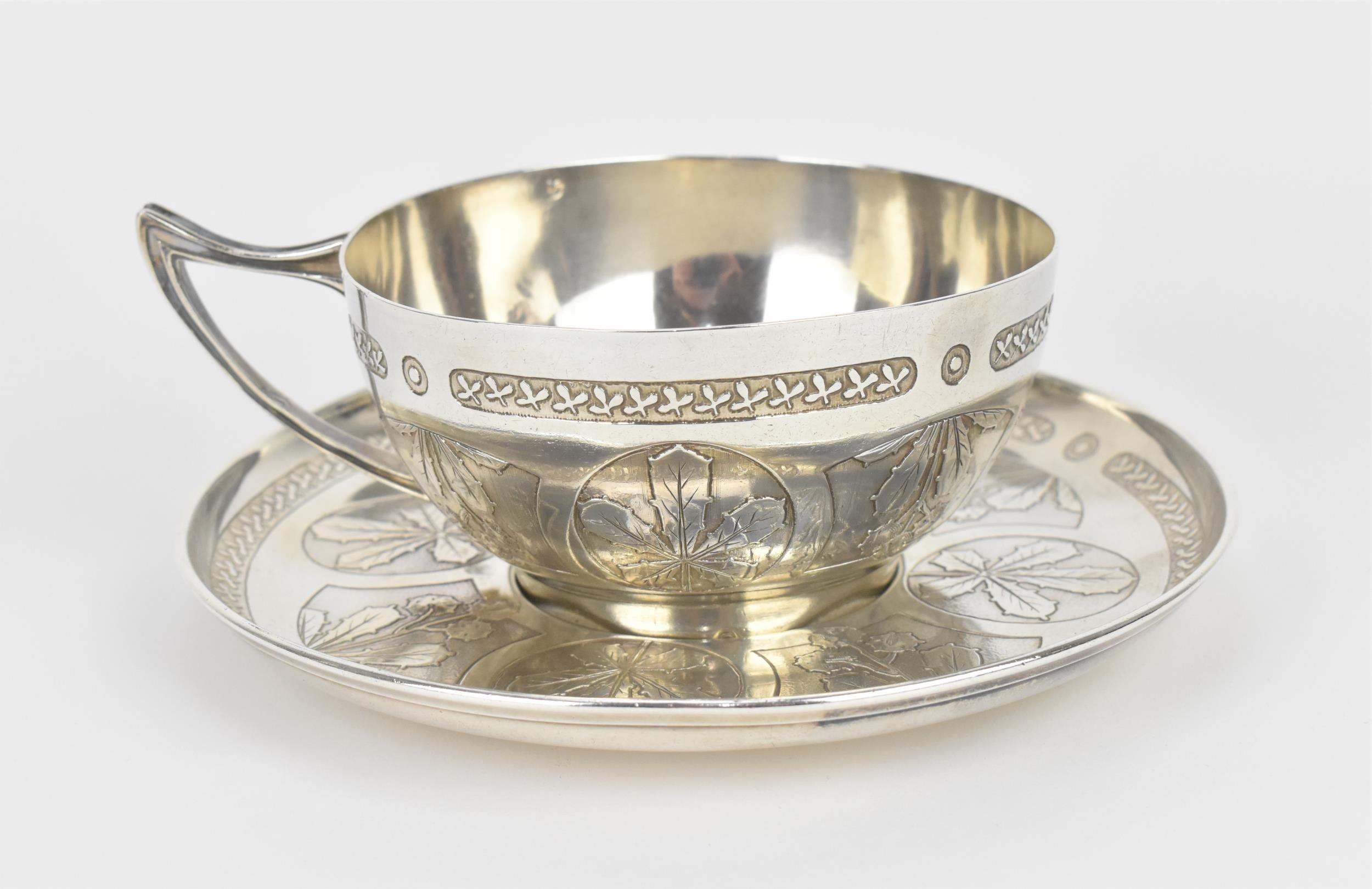 A French silver cup and saucer by the Tetard brothers, circa 1900, with horticultural theme frieze - Image 2 of 7