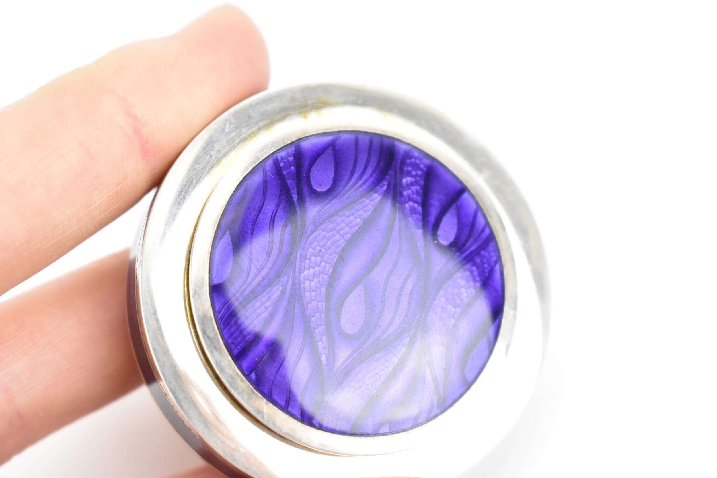 A modern British silver and enamel pill box, of circular form with purple wave pattern to the - Image 4 of 8