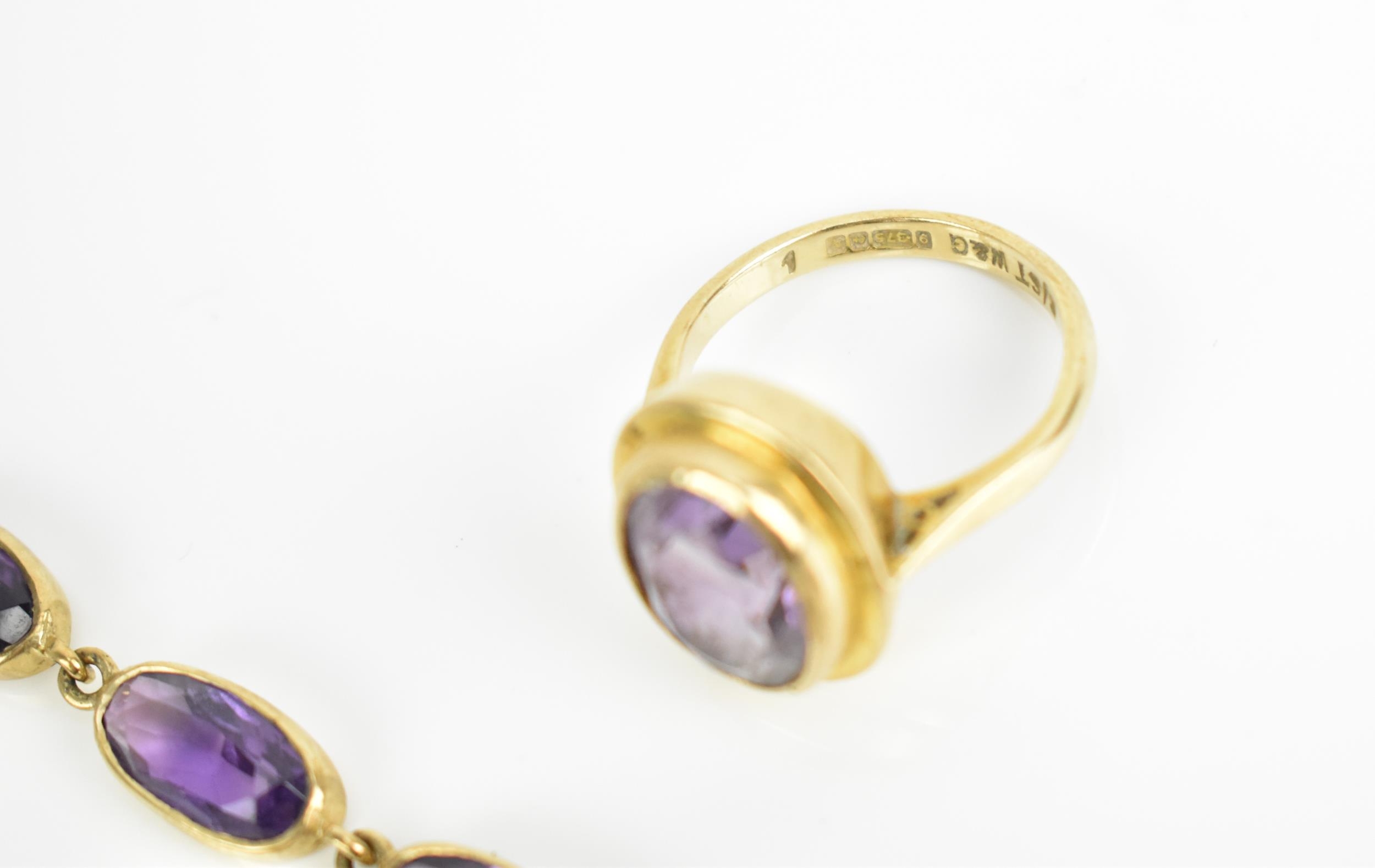 A 9ct yellow gold and amethyst bracelet, the stones in spectacle setting, linked with hoops and - Image 3 of 6