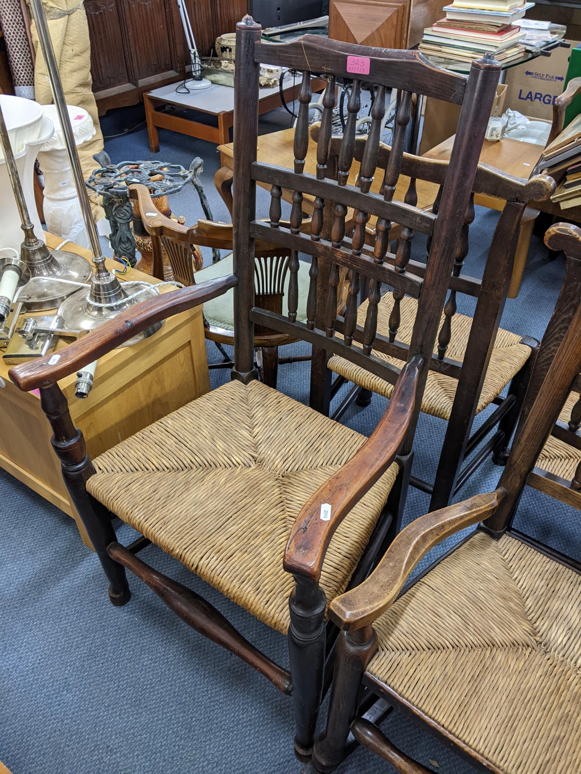 A pair of 19th century country ash wood rush seated armchairs, together with a similar rocking chair - Image 3 of 3