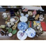 A mixed lot to include silver plated cutlery, Castle Wynd pottery model of a bull, cased binoculars,