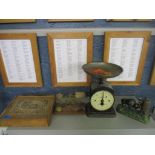 A mixed lot to include a box of Improved Swiss bricks, 'Hughes' family kitchen scales, brass