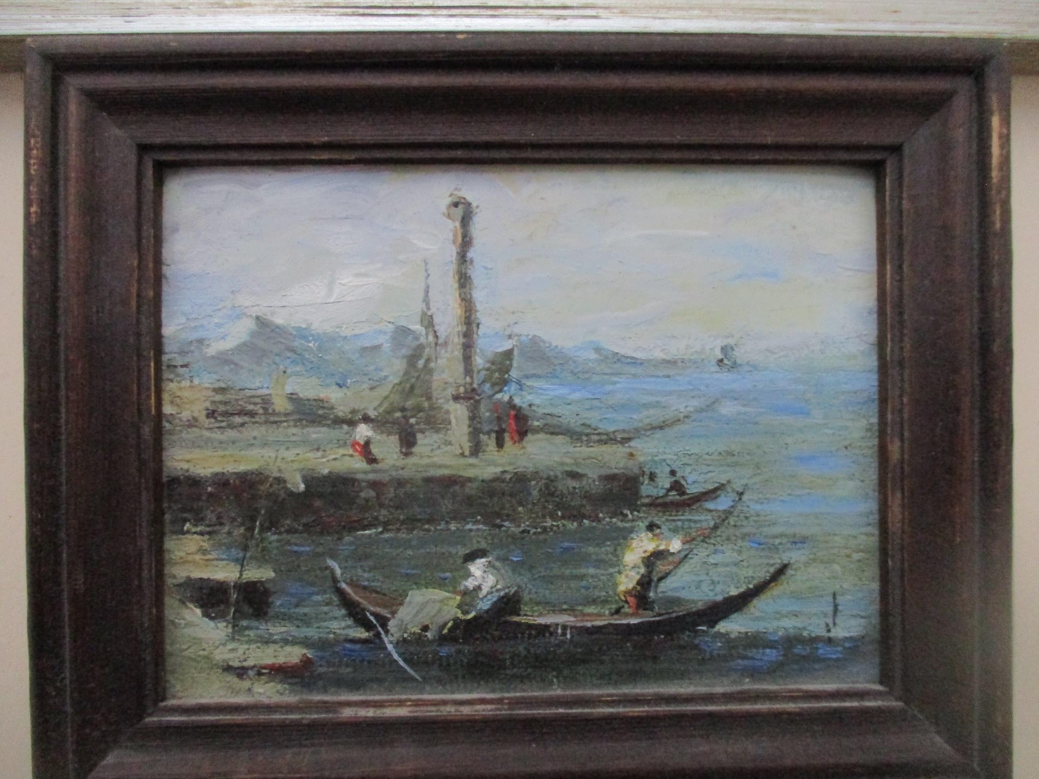 A miniature Russian harbour scene of fisherman in a Venetian style boat, oil on board, unsigned, - Image 3 of 10