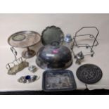A group of Victorian and later silver plated items to include a meat cover with engraved initials, a