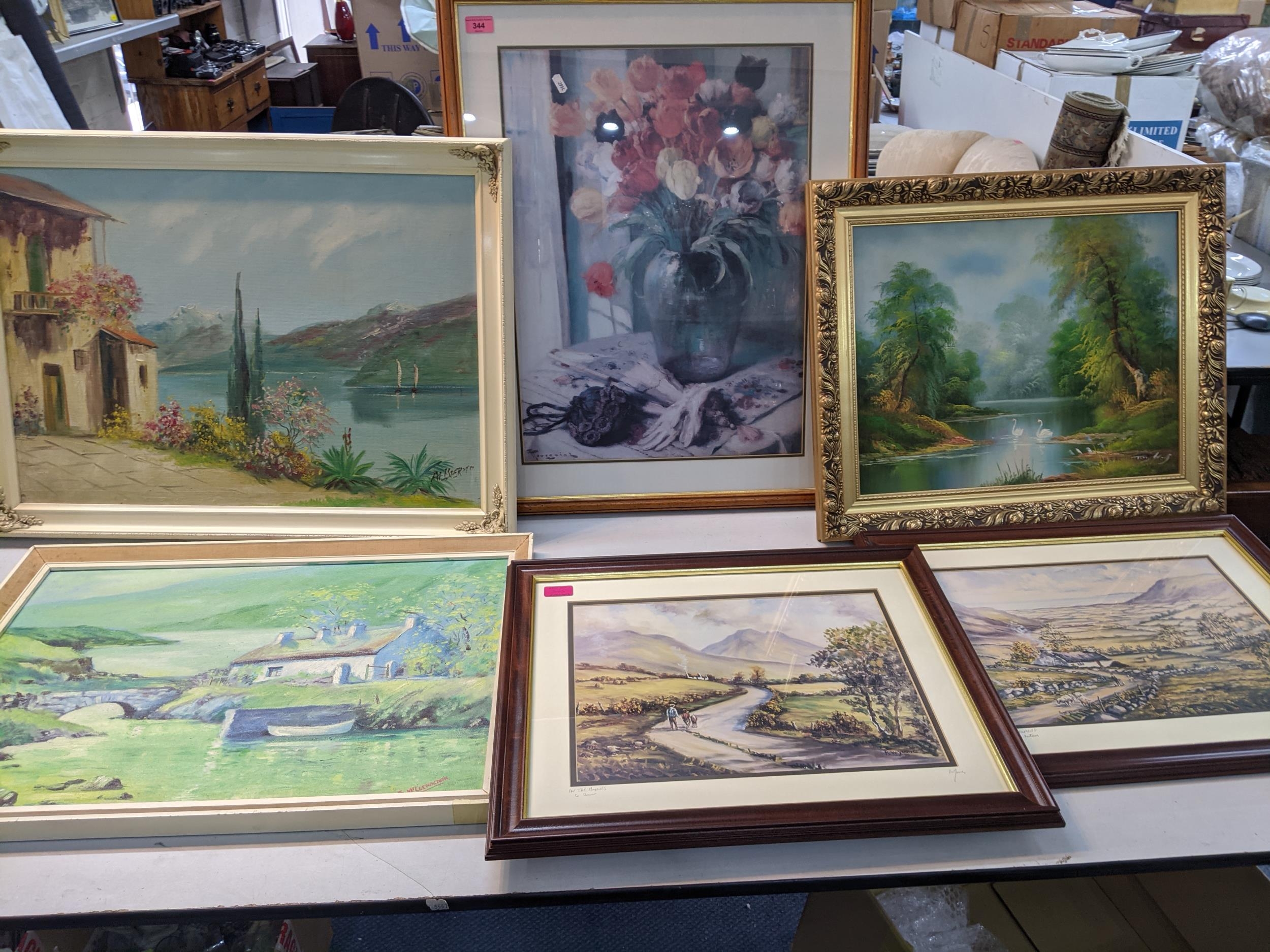 A group of Irish oil paintings and prints to include S McClemaghan - Achill Island circa 1970 a