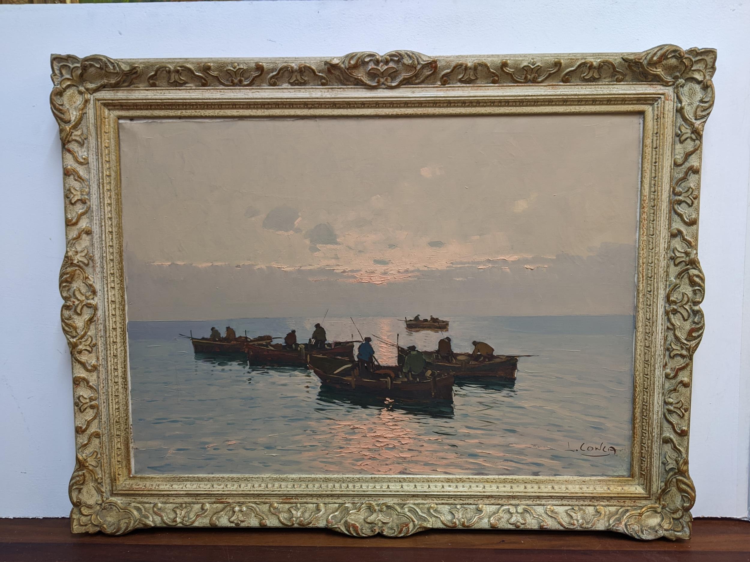 L Conca - Italian - seascape at sunset with fishermen in rowing boats, oil on canvas, signed