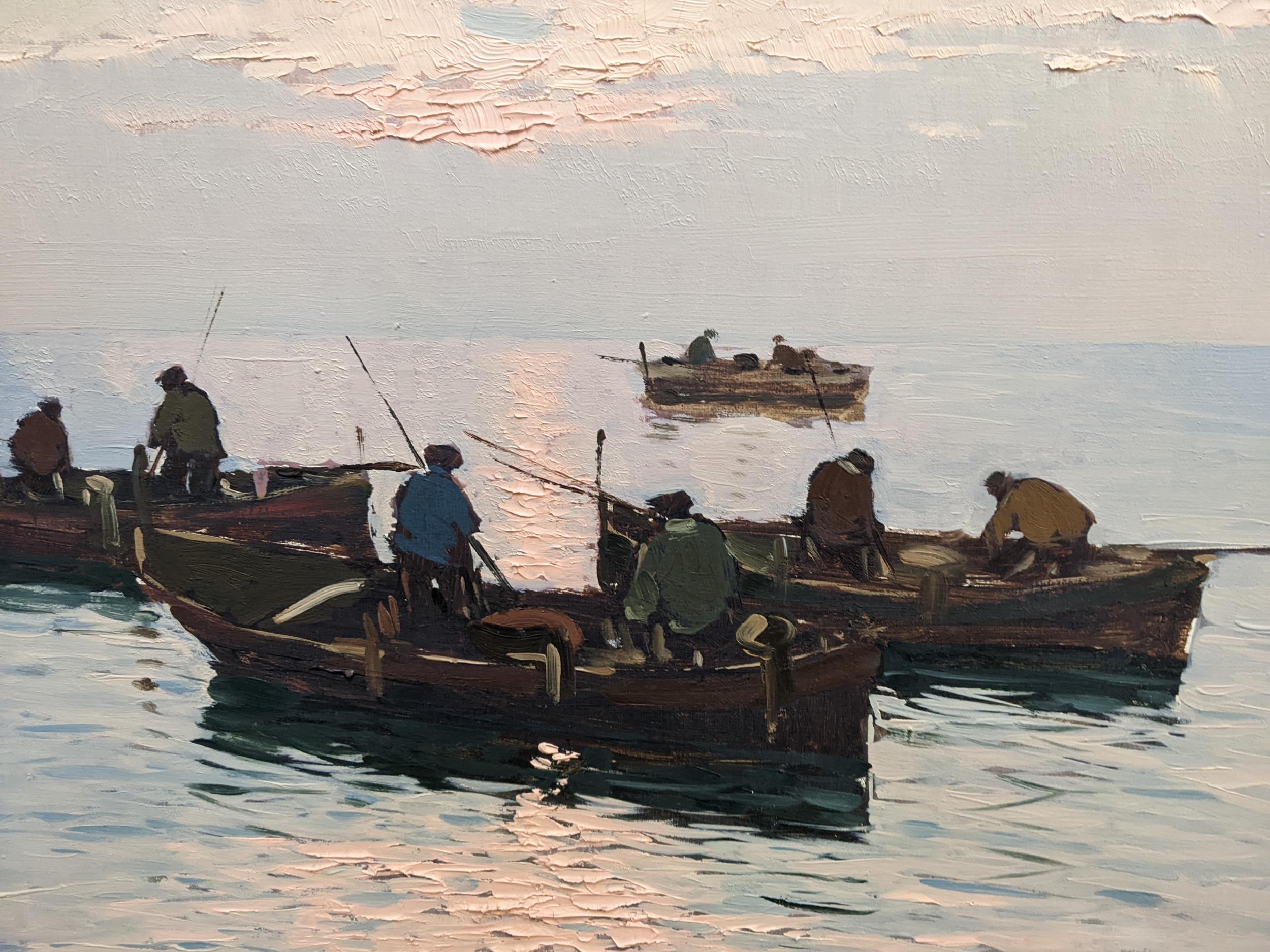 L Conca - Italian - seascape at sunset with fishermen in rowing boats, oil on canvas, signed - Image 2 of 4