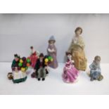 Nao, Coalport and Royal Doulton figures to include, Old Balloon seller, The Balloon Man and others