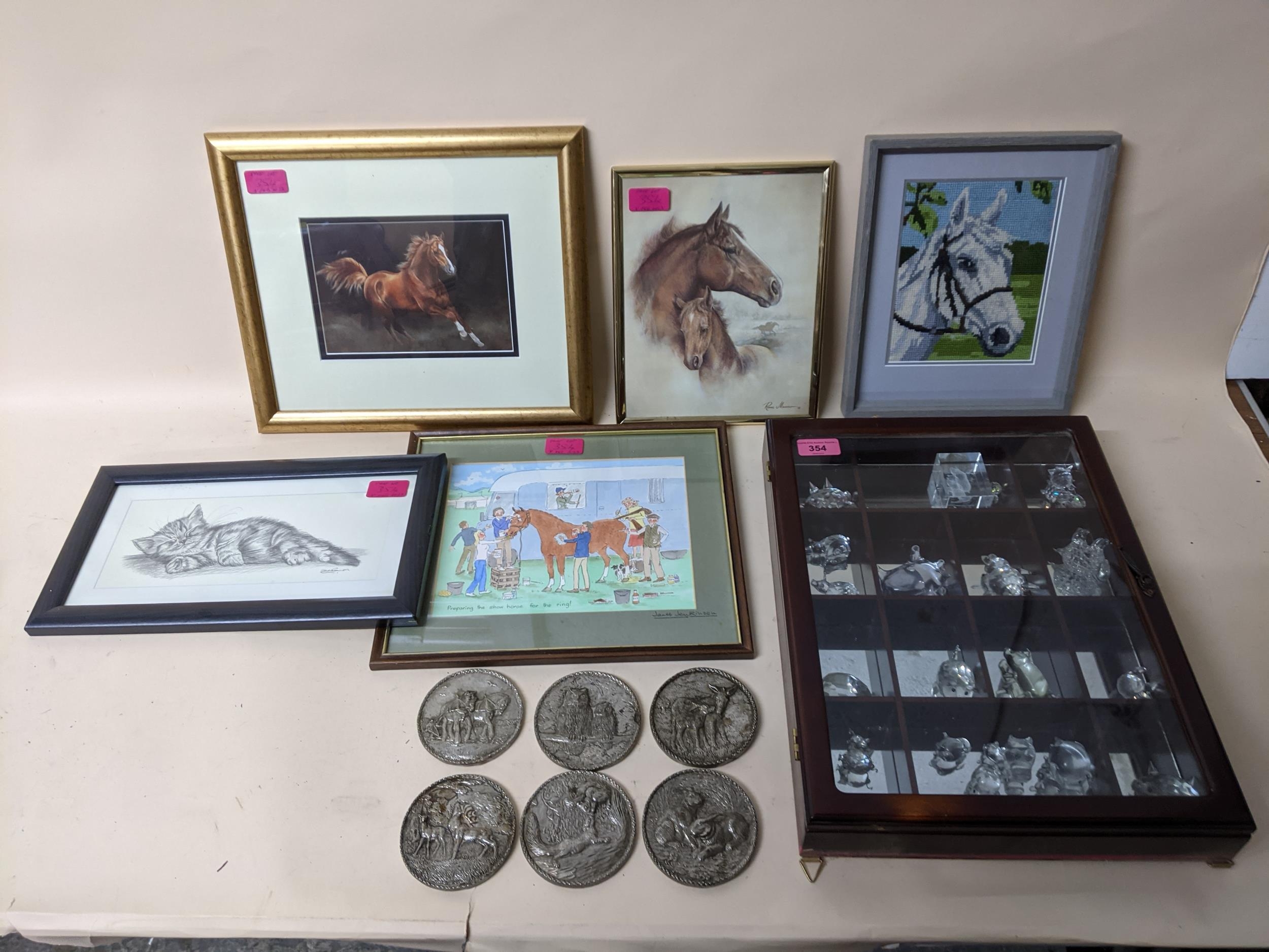 A mixed lot to include a wall hanging cabinet containing various crystal animal models including