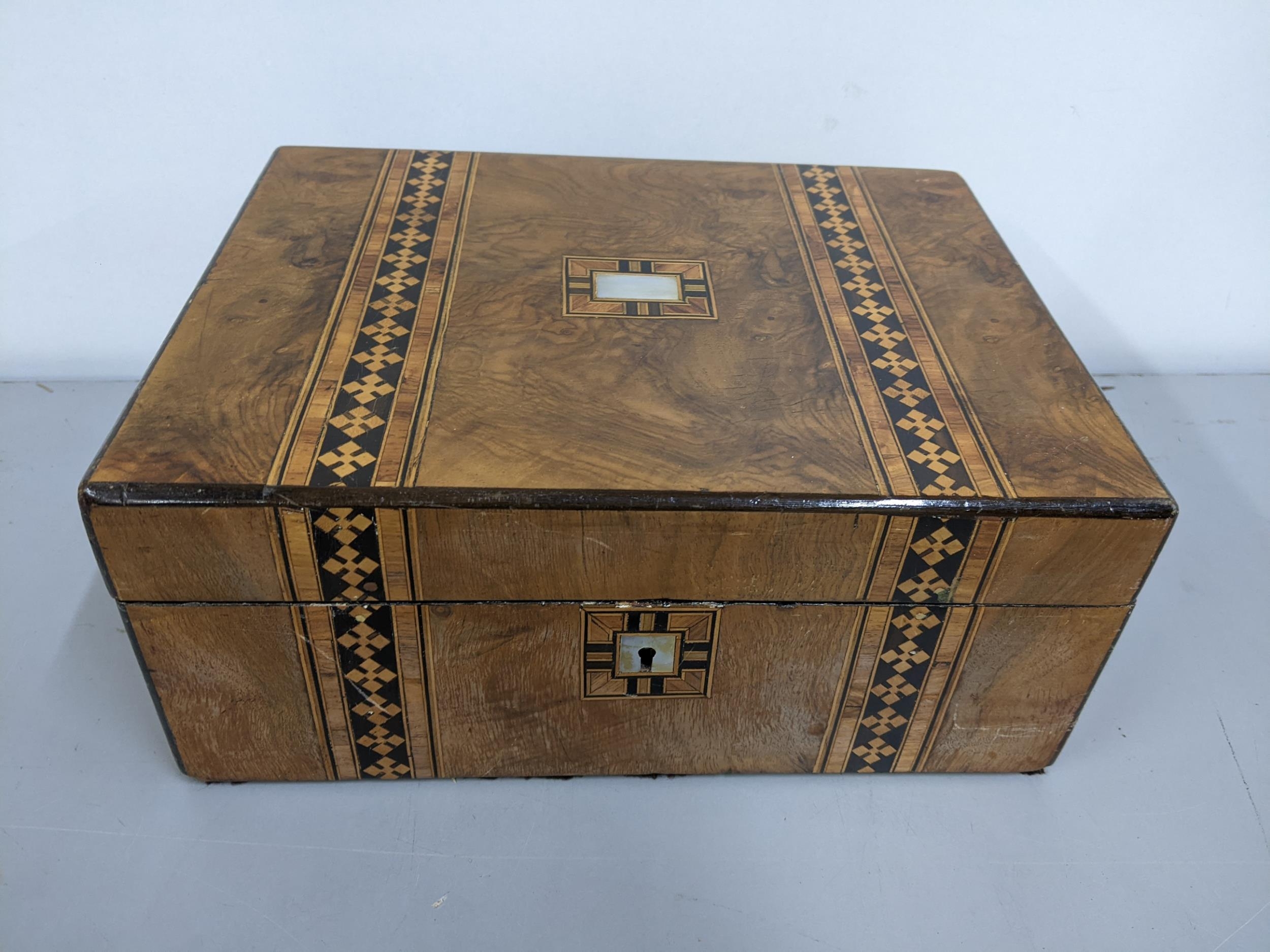 A Victorian walnut Tunbridge ware box having parquetry inlaid and inset with mother of pearl to