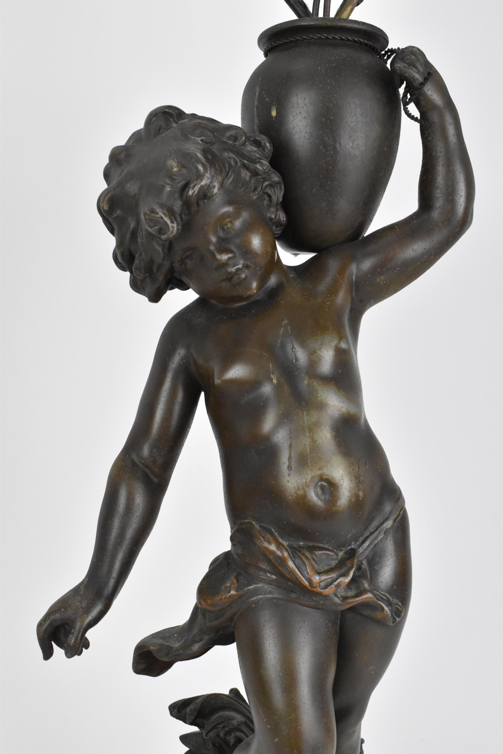 A late 19th century patinated spelter figural lamp after Auguste Moreau, 'Le ruiseau' (the - Image 3 of 5