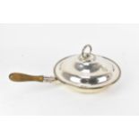 A 19th century silver-plated lidded entree dish, with c-scroll handle to the domed lid, the dish