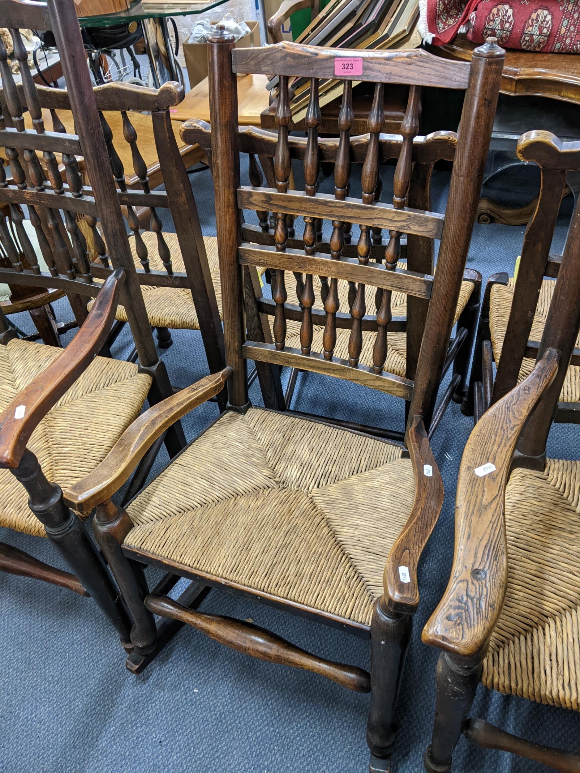 A pair of 19th century country ash wood rush seated armchairs, together with a similar rocking chair - Image 2 of 3