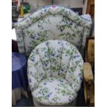 A fan back floral upholstered bedroom chair together with matching single headboard Location: