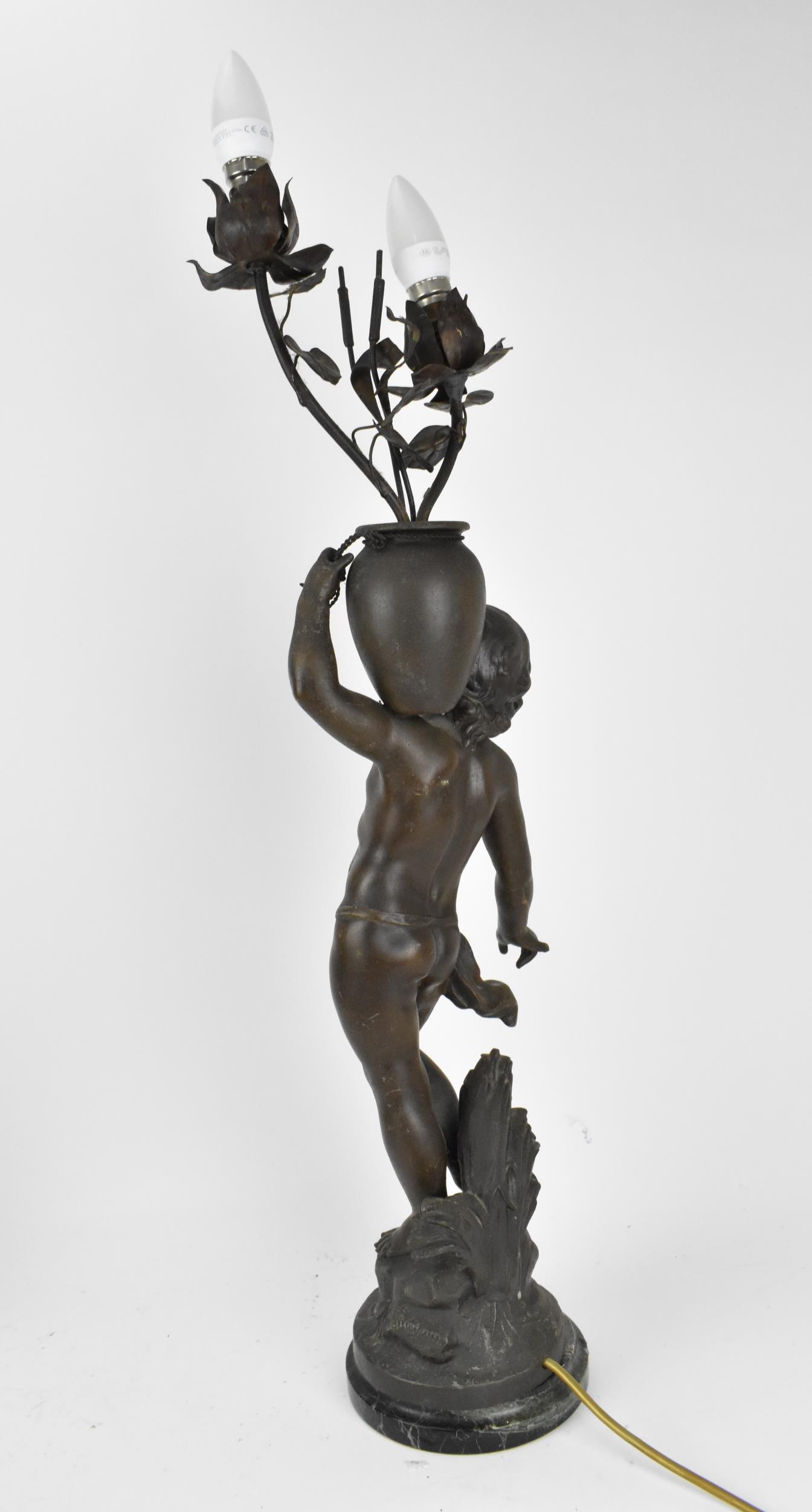 A late 19th century patinated spelter figural lamp after Auguste Moreau, 'Le ruiseau' (the - Image 4 of 5