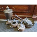 A selection of Victorian copper and brassware to include a Samovar pan and other items Location: