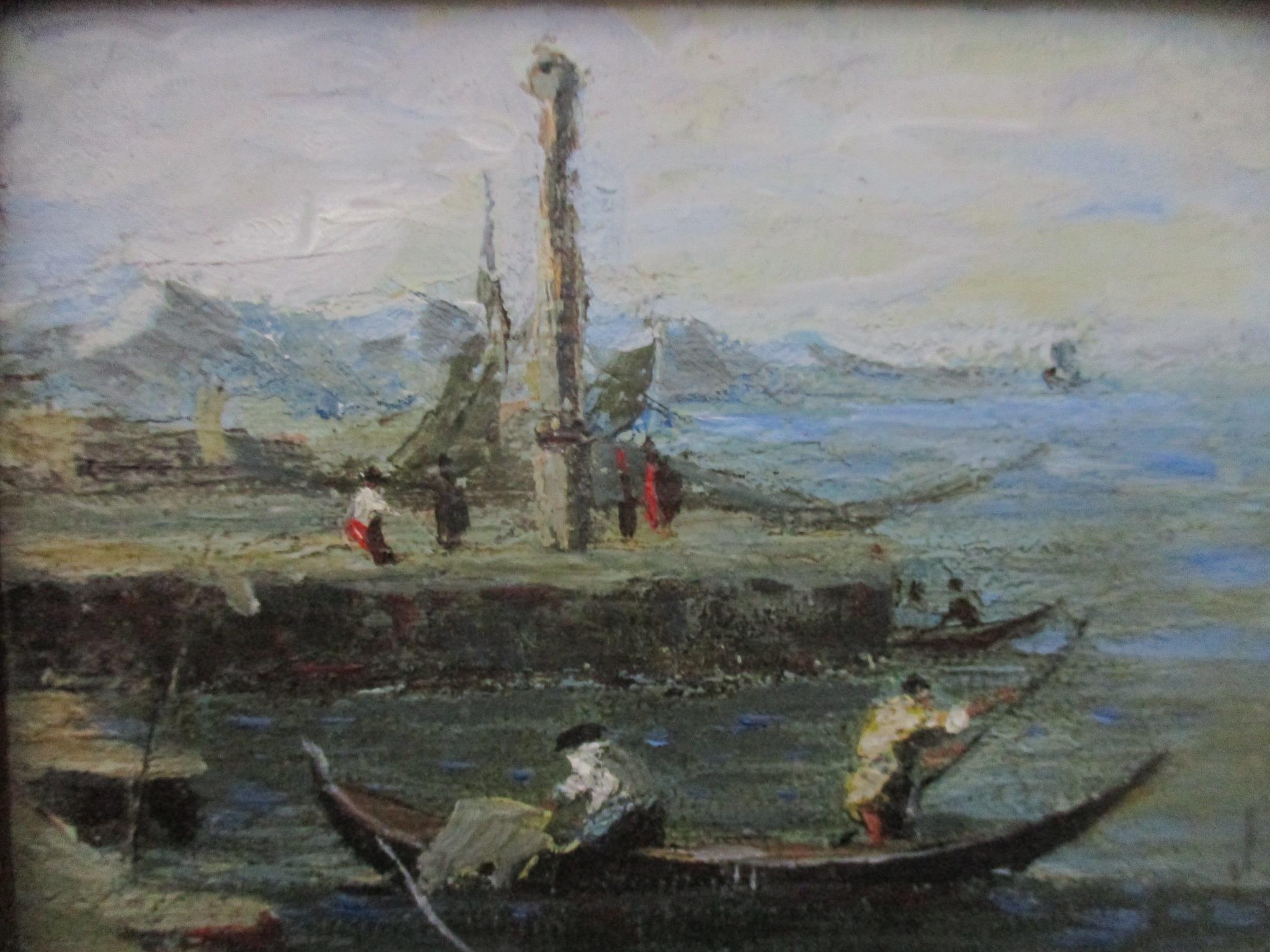 A miniature Russian harbour scene of fisherman in a Venetian style boat, oil on board, unsigned, - Image 2 of 10