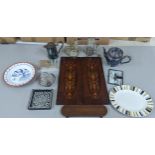 A mixed lot to include silver plated items, cigarette box, tea pot and others, mixed ceramics, along