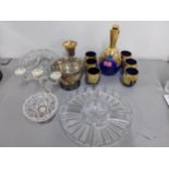 A Venetian glass spirit decanter with six matching tumblers and other items