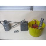 A yellow plastic bucket containing a vintage tin watering can, boxed Clarke 1/2" Drive torque