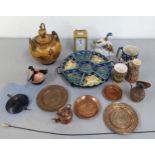 A mixed lot to include a pottery appetizer tray, signed Jerusalem along with matching tankard, mixed