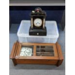 A late Victorian black marble 8-day mantel clock, together with an Art Deco wall hanging clock A/F