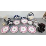 A mixed lot to include hand painted Copeland plates and others , blue and white plates, a part tea