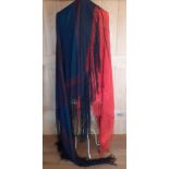 A black, navy and red printed silk crinoline shawl with an Indian inspired border having a deep