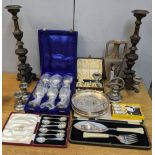A mixed lot to include cased cutlery, goblets, candlesticks, and an Egyptian style vase Location: