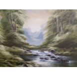 David A James - Forest scene with flowing river, oil on canvas, 60cm x 90cm, signed lower left