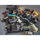 Mixed cameras and electrical items to include Canon, Pentax, Kodak, Fujica, Halina, Lumix and