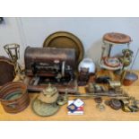 A mixed lot to include a sewing machine, large selection of brassware to include an oil lamp and