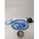 An 18th century Chinese blue and white willow pattern meat platter, 42cm x 33cm, a Yixing Zisha