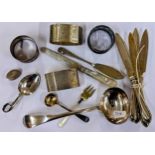 Silver to include three napkin rings, a child's spoon, a pill box 104g, a silver and mother of pearl