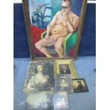 A group of portrait oils to include a 19th century portrait of a Russian lady on black lacquered