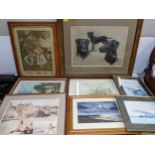 Group of pictures to include pastel of dogs, by Annette Rayner, Victorian Berlin woodwork picture,