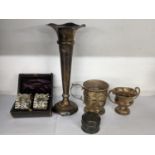 Mixed silver to include a weighted trumpet vase, miniature trophy, cup and pill box together with