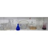 Mixed glassware to include a late 19th century blue Bristol vase, mixed decanters, bowls, jugs and