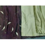 Curtains-Bespoke maroon silk curtains having a green embroidered leaf and maroon
